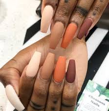 Fall Coffin Nails In 2020 Fall Acrylic Nails Coffin Nails Matte Peach Nails