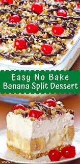 Easy No Bake Banana Split Dessert Maria S Kitchen Banana Split Dessert Banana Dessert Recipes Banana Split Dessert Recipes