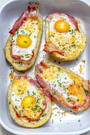Double Baked Bacon Egg Potatoes For Super Creative And Clean Recipe Bacon Egg Potatoes Clean Breakfast Clean Food Crush