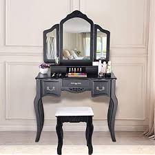 Home Vanity Set With Mirror Amp Cushioned Stool Dressing Table Vanity Makeup Table Wooden Stool 3 Mirrors A In 2020 Vanity Table Set Makeup Dressing Table Vanity Set