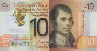 You can feel raised print on the words 'bank of england' and in the bottom right corner, around the number 10. 2017 Clydesdale Bank 10 Pounds Robert Burns Banknote