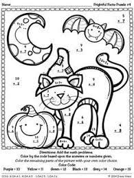 Halloween pumpkin carving coloring page: Frightful Facts Basic Addition Halloween Color By The Code Math Puzzles This Unit Is Aligned To The Cc Halloween Math Halloween Math Worksheets Math Coloring