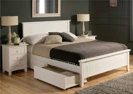 Furniture White Wooden Platform Bed With Storage Drawer Underneath Plus White Wooden Lamp Table On Woo White Wooden Bed White Bed Frame Bed Frame With Storage