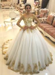 White Tulle Gold Lace Appliques Long Sleeves Ball Gown Wedding Dresses Long Sleeve Ball Gown Wedding Dress Ball Gown Wedding Dress Long Bridal Gown