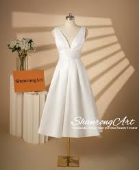 Buy Simple V Neck White Satin Sleeveless Mid Calf Length Formal Evening  Dress Women’s Prom Wedding Party Bridesmaid Dresses Gowns With Pocket  Online ...