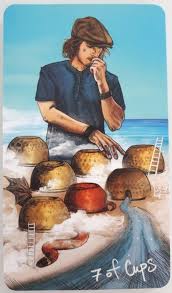 The seven of cups shows a figure standing before a set of cups, which hold different images on a floating cloud. 7 Of Cups Yes Or No Upright Reversed Love Meaning Calming Cosmos