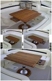 Nt08 Teak Hi Lo Table With Fold Outs Retractable Cup Holders Compass Rose Inlay Pontoon Boat Accessories Boat Decor Boat Table