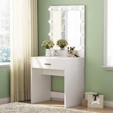 While this vanity mirror clearly belongs to a wall, it also comes with a sturdy base in case you prefer having it on top of a table/counter. Makeup Vanity With Lighted Mirror Dressing Table Dresser Desk For Bedroom