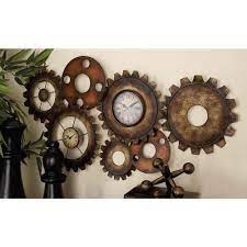 Litton Lane Brown Metal Industrial Wall Clock 13498 The Home Depot Gear Wall Clock Industrial Clock Wall Vintage Industrial Decor