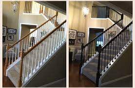 Oak Railings Sanded And Stained Espresso White Balusters Removed And Replace With Wrought Iron Dream House Exterior Stair Railing House