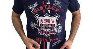 Erkek Baskili V Yaka Fit Tisort Vintage Lacivert Erkek Tisort Tisort Fit