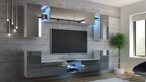 Wohnzimmer shabby chic modern wohnwand eiche schrankwand design. Kaufexpert Wohnwand Splash Grau Hochglanz Weiss Mediawand Medienwand Design Modern Led Beleuchtung Mdf Hochglanz Hangewand Hangeschrank Galaxy Tv Wand