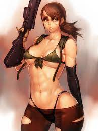 1girls abs bikini brown hair cleavage female female only fumio  (rsqkr) mascara metal gear solid metal gear solid v navel pantyhose  ponytail quiet (metal gear) sniper rifle solo standing