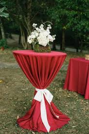 Classic Wedding Cocktail Hour Idea Tall Cocktail Tables With Red Table Linens And Wh Wedding Table Linens Wedding Table Decorations Diy Cocktail Hour Wedding