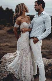 Mermaid Sweetheart Sweep Train Lace Boho Wedding Dress Lace Beach Wedding Dress Lace Mermaid Wedding Dress Boho Bridal Dress
