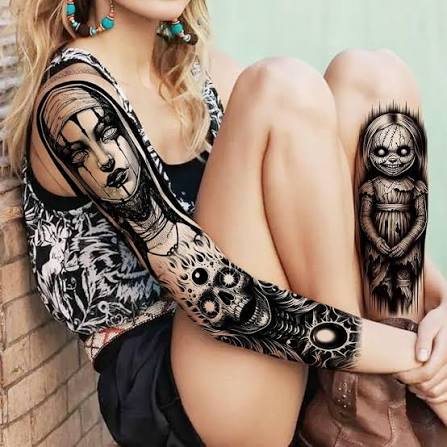 Amazon.com : 20 Sheets Black Gothic Full Arm Temporary Tattoos For Men Adults Thigh, Nun Girl Skull Skeleton Zeus God Jesus Christ Fake Sleeve Tattoos For Women, Scary Halloween Tattoo Stickers Demon