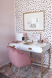 White & rose gold office chair. Blogger Office Neutral Office Blush Office Blush Home Decor Blush Blogger Office Spotted Walls Spotted Wall Stencil Home Decor Home Office Decor Interior