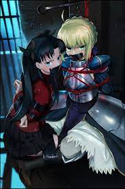 sharpffffff, artoria pendragon (fate), saber, tohsaka rin, fate/stay night,  fate (series), highres, resolution mismatch, armor, armored dress, bdsm,  black hair, blonde hair, blue eyes, bondage, bound, gag, green eyes,  improvised gag, long