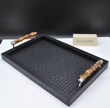 100% natural and sustainable materials. Riviere Luxury Tray Black Leather With Bamboo Handles Malbi Decor
