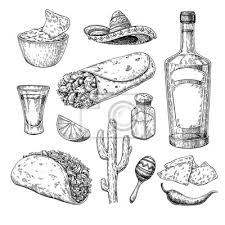 Mexikanische Kuche Zeichnen Traditionelles Lebensmittel Und Fototapete Fototapeten Maracas Nacho Sombrero Myloview De