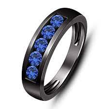 Blue Sapphire 5 Stone 1 00 Ct Tw Men S Wedding Band In 14k Black Gold Size 8 Blue Stone Wedding Rings Mens Sapphire Wedding Band Rings Mens Wedding Bands