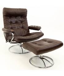 Ekornes Stressless Mid Century Reclining Swivel Brown Leather Lounge Chair Ottoman