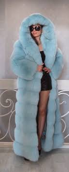 Dyed Blue Fox Fur Full Length Hooded Coat Fur Coat Fashion Fur Fashion Fashion