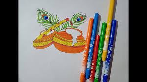 Janmashtami Dahi Handi Drawing Krishna Feather Flute Drawing Janmashtami Chart For School