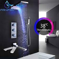 Rona carries the best bathtub & shower faucets brands to help you with your bathroom projects: Batheroom Thermostatic Shower Faucets Led Luxury Waterfall Shower Head Thermostatic 3 4 Ways Valve Bathroom Shower Faucet Sets