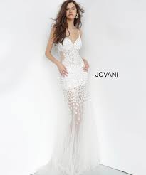 Invisible back zipper with hook and eye closure. Jovani 60695 Off White Beaded Spaghetti Straps Prom Dress