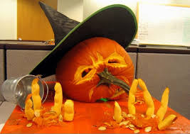 A halloween witch flying on a broom with a full moon night sky fall in backyard with leaves falling from trees and halloween pumpkin scarecrow, autumn background. Amazing Jack O Lantern Designs For Beginners