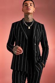 Chaps mens black slim fit pinstripe 2 piece suit 42r jacket 36/32 pantstop rated seller. Wide Set Stripe Skinny Fit Suit Jacket Boohooman