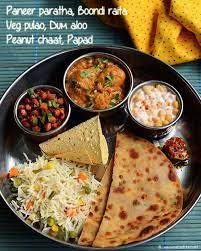 Dum Aloo Veg Pulao Paneer Paratha Lunch Menu 52 Raks Kitchen Veg Pulao Indian Food Recipes Vegetarian Veg Thali