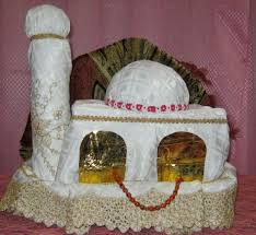 Kain brokat warna biru laut dan kain bawahan yang didesain menyerupai kipas, eyecatching deh. Tutorial Menghias Hantaran Mukena Menjadi Bentuk Masjid Ladies