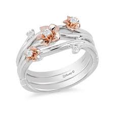 enchanted disney mulan 1 10 ct t w diamond flower stackable band set in sterling silver and 10k rose gold size 7