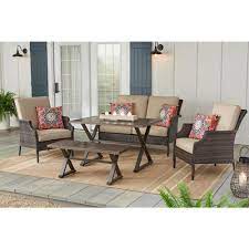 Hampton Bay Grayson Brown 5 Piece Wicker Patio Conversation Set With Toffee Cushions Fm 18066 A Br The Home Depot Classic Home Furniture Patio Dining Table Best Outdoor Furniture