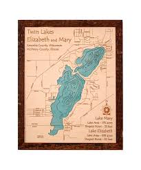 Fish include musky, panfish, largemouth bass, smallmouth bass and walleye. Twin Lakes Lake Mary And Lake Elizabeth Wood Carved Lake Map