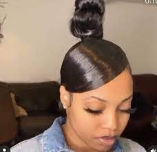 High Bun With Swoop In 2021 High Ponytail Hairstyles Black Women Hairstyles High Bun Hairstyles