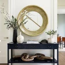 Large Round Wood Mirror With Navy Blue Lacquered Console Table Blue Console Table Decor Foyer Decorating