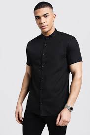 Black Slim Fit Short Sleeve Grandad Collar Shirt Boohoo Grandad Collar Shirt Shirt Outfit Men Black Short Sleeve Dress