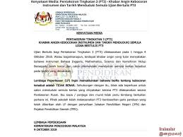 Terdapat 3 jenis instrumen dalam peperiksaan pt3 iaitu tarikh dan masa jadual peperiksaan tingkatan 3 untuk tahun 2020 adalah seperti di nyatakan di bawah selepas dikeluarkan secara rasmi oleh lembaga peperiksaan malaysia (lpm). Iraimalar Pentaksiran Tingkatan 3 Pt3 Khabar Angin Facebook