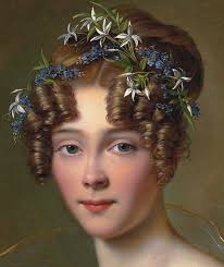 ✨Alexandre-Jean Dubois-Drahonet, Portrait of Amélie du Bois (1803-1891),  wife of Lt.-Gen. Emile Joseph Frison, aide to King Leopold II, bust-length,  in a blue muslin dress, with flowers in her hair, 1821.  #alexanderjeanduboisdrahonet #