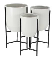 Black And White Outdoor Planter Pots Modern Tapered Round 3 Piece Metal Pot Planter Set With Stand White Planters Modern Irons Mid Century Planter