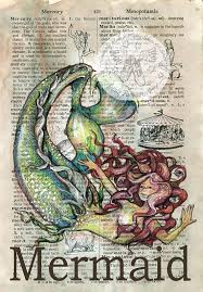 Print Mermaid Mixed Media Drawing On Antique Dictionary Page Etsy In 2021 Book Page Art Book Art Mermaid Artwork