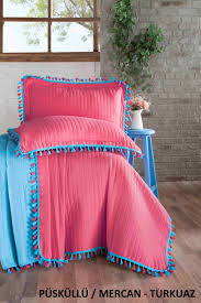 Evim Home Puskullu Yatak Ortusu Seti Mercan Turkuaz Alkapida Com