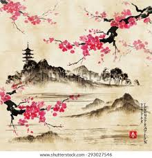 The landscape is a vivid portrayal of japanese ideas and their value system of organizing space. Landscape With Sakura Branches Lake And Hills In Traditional Japanese Sumi E Style On Vintage Watercolor Background Vector Illustration Hieroglyph Spring Stock Images Page Everypixel