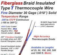 Type T Thermocouple Wire - Fine Diameter 30 Gage with Fiberglass Insulation