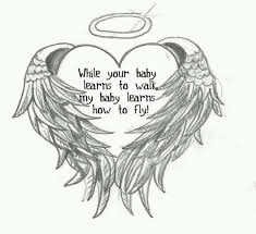 We see tattoos everywhere we go; Miscarriage Tattoo Design Angel Wings With Holy Halo And Wording While Your Baby Learns To Walk