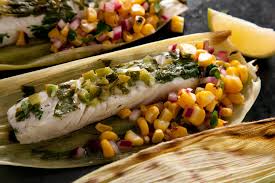 Corn Husk Wrapped Grilled Halibut With Charred Corn Salsa Recipe Recipe Grilled Halibut Seafood Recipes Halibut Recipes