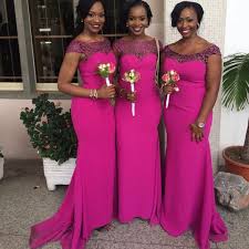 2016 New South African Mermaid Bridesmaid Dresses Cap Sleeves Lace Satin Formal Party Dresses For Wedding Ruched Fushia Maid Of Honor Gowns Black And Red Brides African Bridesmaid Dresses Mermaid Bridesmaid